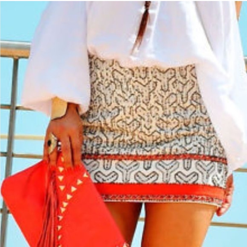 Zara Tribal Beaded Mini Skirt Red Stripe Size Medium